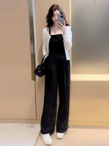 Black High-Waist Wide-Leg Jumpsuit Womens Summer New Style Loose Drapey Suit Shoulder Strap One-Piece Suits Commute
