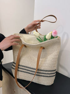 2024 New Fashion Beach Vacation Straw Woven Handbag Womens Large Capacity Bucket Bag Casual Zipper Closing Double Root Shoulder Satchel