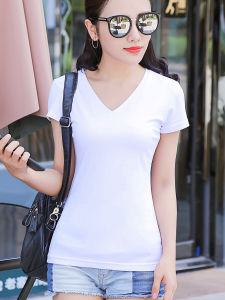 เสื้อยืดคอวีสีขาวแขนสั้นผู้หญิง ทรงเข้ารูป คอกลม ผ้าฝ้ายแท้ สไตล์เกาหลี เสื้อยืดคอกลมแขนสั้น ฤดูใบไม้ร่วง ทรงเข้ารูป