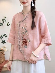 National Style Retro Cotton and Linen Embroidery Shirt Womens Summer Improvement Tea Clothes Stand Collar Linen Shirt Elegant Slim Looking Tops Thin