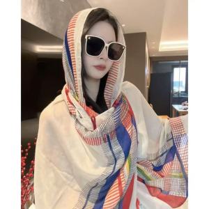 Blue Summer Thin Cotton Scarf with Button for Women Travel Beach Tour Daily Air Conditioned Room Multi-Functional Shawl