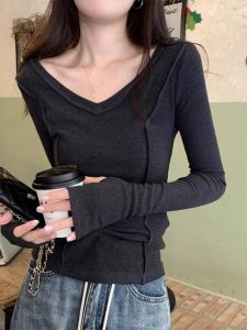 WANGGONGZHU | Princess Style Long Sleeve V-Neck Womens T-Shirt Fashionable Base Layer Top Korean Version Slim Fit Pure Color Autumn New Arrival