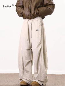 BWKA American Retro Fleece Lined Pleated Knife Cotton Pants Women Men Winter Thickened Warm Wide Leg Workwear Trousers