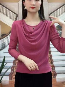 Áo Thun Cổ Bẻ Mềm Mại Màu Trơn Thời Trang Xuân Thu Cho Mẹ Áo Thun Dài Tay Ôm Vừa Vặn Thoải Mái Thoáng Khí Cho Nữ