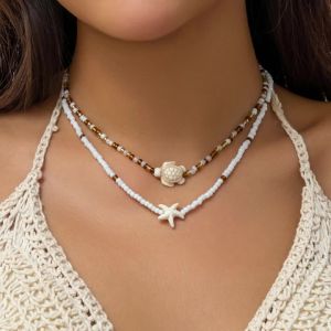 Salircon Bohemian Double Seed Bead Chain Clavicle Necklace Vintage Acrylic Turtle Starfish Pendant Choker Womens Beach Jewelry