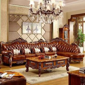 European Style Leather Sofa Corner Combination Head Layer Cowhide Solid Wood Carved Luxury Villa Living Room Furniture