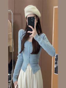 Slim Fit Short Knitted Open Cardigan Womens Fashion Spring Autumn New Style Pure Desire Square Collar Button Korean Version