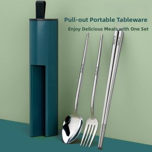 Portable 304 Stainless Steel Cutlery Set Chopsticks Spoon Fork Student Travel Three Piece Set Single Person Dining Outdoor Picnic