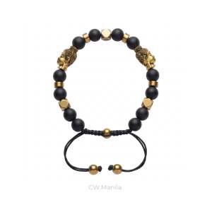 CW Manila - Buddha Adjustable Bracelet - 8mm Matte Onyx and Gold Hematite Spacers - Semi-precious Adjustable Bracelets