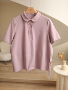 Classic Bomber Style Casual Fabric Doll Collar Polo Shirt Short Sleeve Loose Fit Pure Color Summer Fashion Womens Top
