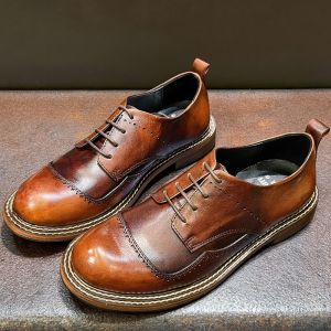 Retro British Style Low-Top round Toe Derby Mens Shoes Thick Bottom Casual Pure Cowhide Work Boots Breathable Lace-Up Sneakers