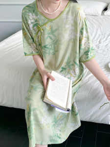 Retro Style Cotton Silk Short Sleeve Night Dress for Women 2024 New Design Floral Printed Crewneck Sleepwear