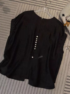 BINKAFENNY | Plus Size Womens Black Hollow Out Back Button Short Sleeve Shirt Summer Loose Slimming Meat Covering Top Comfortable Korean Style