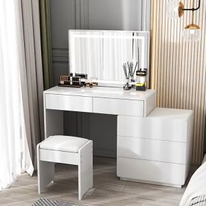 five furnitures โต๊ะเครื่องแป้ง ไม้ modern สีขาว ราคาถูก ให้อุจจาระฟรี พร้อมลิ้นชักและกระจกโต๊ะเครื่องแป้ง[จัดส่งที่รวดเร็ว]