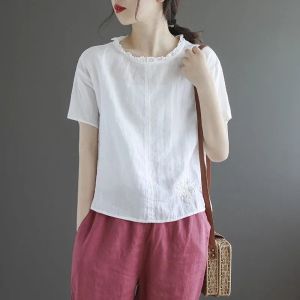 NUANKONG | Versatile Cotton Linen Embroidered Short-Sleeved Slim Fit Top