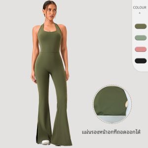 ชุดโยคะแบบสวมลำลองสำหรับผู้หญิงพร้อมแผ่นเสริมหน้าอก กระชับสัดส่วน วิ่ง โยคะ ฟิตเนส กางเกงขาบาน เอวสูง ผ้าฝ้าย โพลีเอสเตอร์