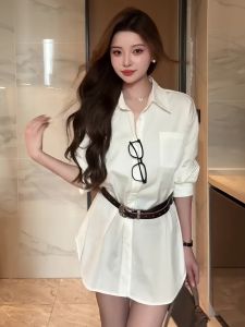 French Elegant Belted Shirt Dress Midi Loose Top Fashionable Autumn New Womens Clothing Button Detail Long Sleeve Polo Collar