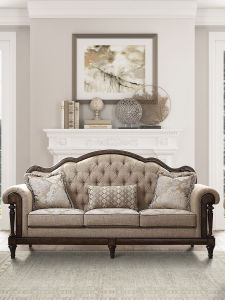 American-Style Solid Wood Sofa Fabric Three-Seat Oak French Retro Distressed Cotton Linen Double House Living Room Classy Furniture