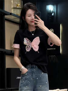 Black Butterfly Knot Short Sleeve T-Shirt Slim Fit Shoulder Design Summer New Style Womens Fashion Top Sweet Style Creative Pattern