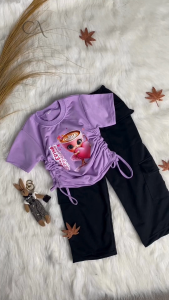 Setelan Kaos Serut Crop Top dan Kargo Panjang Anak Perempuan Ballerina Cappucina Anomali Umur 1-14 tahun