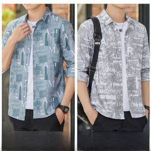 ROMON | Romon Mens Long Sleeve Shirt Spring Autumn Loose Casual Non-iron Slim Fit Printed Workwear Shirt Jacket Trendy Open Cardigan