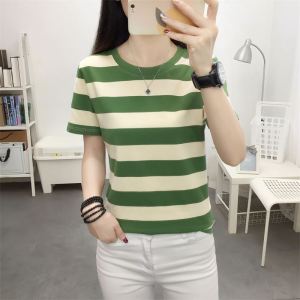 Summer New Large-Size Loose Slimming Short-Sleeve T-Shirt for Women Striped Cotton Crewneck Work Shirt Regular Length