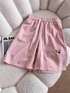 Quần Short Thêu Họa Tiết Sọc Dọc Màu Hồng Cho Bé Trai Và Bé Gái Mùa Hè Mỏng Rộng Rãi Thẳng Năm Điểm Quần Nam Nữ