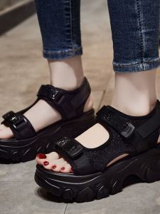 Casual Sporty Womens Sandals 2025 New Fashion Thick Heel Heightening Leisure Beach Shoes Elastic Band Closure Solid Color