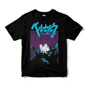 Bandai | Mens Berserk Anime Black T Shirt Guts Manga Graphic Cotton Tee Streetwear Fashion for Daily Casual Otaku Cosplay Campus Home