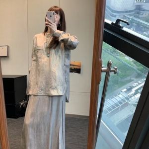 VKSOD | Casual Versatile Long Sleeve A-Line Skirt Set Korean Style Popular Sisterly Elegant Design Half-length Skirt Ensemble