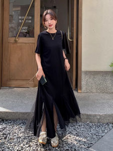 ชุดเดรสยาวคลุมเข่าลายจุดโปร่งใสสำหรับผู้หญิงไซส์ใหญ่ ทรงหลวม ช่วงฤดูร้อน แฟชั่นเกาหลี แขนสั้น คอตondolette