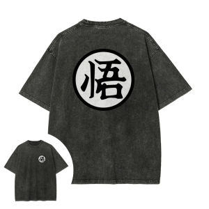 Bandai | Dragon Ball Mens and Womens Washed T-Shirt Son Goku Summer and Spring Anime Tee Retro Distressed Punk Casual Short Sleeve