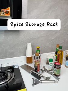 Carbon Steel Countertop Spice Rack Narrow Kitchen Condiment Storage Rack For Condiment Bottles and Boxes with 4 Hooks