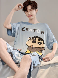 ชุดนอนผ้าโมดอลแขนสั้นบางสำหรับผู้ชาย ชุดนอนผ้าไหมน้ำแข็งลายการ์ตูนฤดูร้อน ชุดนอนผ้าฝ้ายผสมสำหรับเยาวชนและเด็กโต