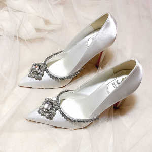 เรียบหรู ผ้าซาติน รองเท้าส้นสูง ผู้หญิง รองเท้า Diamond Studded Maidsmaid ผู้ใหญ่พิธีรองเท้าแต่งงาน ทันสมัย ชิค พื้นยาง