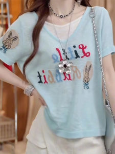 Shalldoer | Áo thun tay ngắn thêu hai mảnh giả màu xanh lam cho nữ mùa hè phong cách Hàn Quốc thời trang chống lão hóa thon gọn