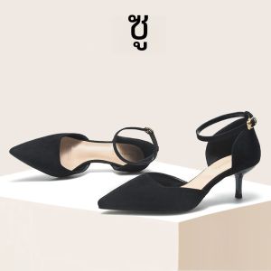 รองเท้าส้นสูงสายรัดหัวเข็มขัดสีดำสำหรับผู้หญิง รองเท้าทำงานแบบสวม ส้นกลาง ทรงหัวแหลม วัสดุผิวหนัง รองเท้าแฟชั่นสำหรับฤดูใบไม้ผลิและฤดูร้อน