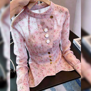 Feminine Floral Pink Long-Sleeved Blouse