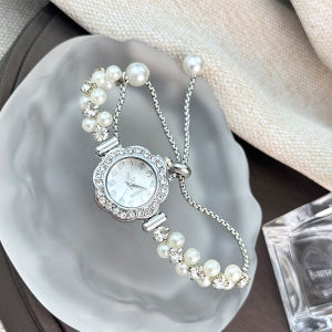 Double-Row Pearl Pull-Open Bracelet Diamond-Encrusted Case Arabic Numeral Scale Ladies Quartz Watch
