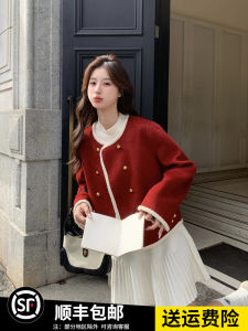 คริสมาส ปีใหม่ สีแดง สองด้าน ขนสัตว์ สั้น เสื้อโค้ท ผู้หญิง ฤดูหนาว รูปแบบใหม่ ขนาดเล็ก สไตล์เกาหลี กลม ปกเสื้อ กระดุมคู่