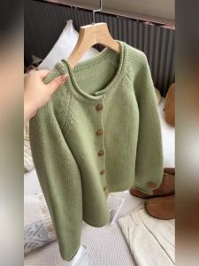 Red Knitted Sweater Coat round Neck Winter Fashion Womens Autumn Winter Soft Lazy French Style Long Sleeve Straight Cut Top
