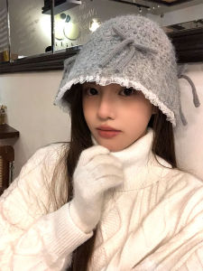 Lace Lace Bow Fisherman Hat Children Autumn Winter Japanese Sweet All-Matching Knitted Hat Make Face Look Smaller Warm Bucket Hat