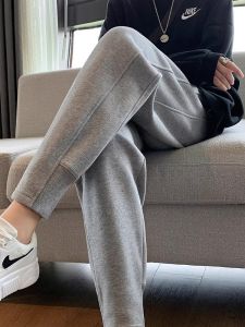 Grey Thickened High Waist Cotton Sport Pants Womens Street Style Casual Trousers Autumn Winter Small Size Sweatpants