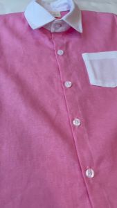 BabyThame เสื้อเชิร์ตผ้าลินินผสมค็อตตอนสีชมพูปกและกระเป๋าขาว เสื้อเชิร์ตเด็ก ระบายอากาศ ชุดหน้าร้อน อากาศเมืองไทย พร้อมส่ง