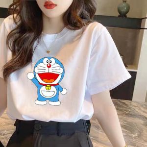 LINGLONGDAI | White Cotton T-Shirt Womens Loose Round Neck Short Sleeve Cartoon Print Retro Top Comfortable Breathable Summer Fashion