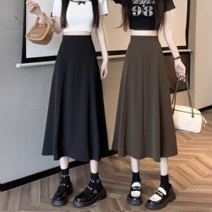 High Waist Midi Skirt Womens Spring A-Line Maxi Skirt Light Maturity Style Mid-Length Polyester Knitted Slimming Pleated Skirt