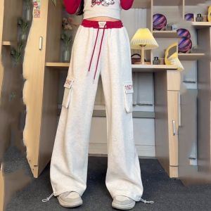 High Waist Straight Leg Workwear Pants Womens Summer Sporty Casual Trousers Patchwork Embroidery Wide Leg Retro Style