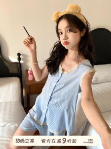 ชุดนอนแขนกุดลายทางผ้าลูกไม้ Sinbounboun สำหรับผู้หญิงในช่วงฤดูร้อน ระบายอากาศได้ดี สวมใส่สบาย ชุดอยู่บ้าน ชุดนอนผู้หญิง