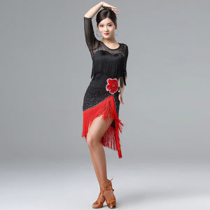 Women Dance Clothes Ballroom Dress Costume Party Tassels Dresses Stretchy Mesh One-piece Latin Dress Embroidery