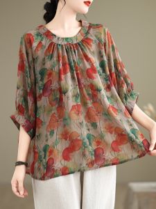 Artsy Retro Cotton and Linen Print Shirt Womens Summer Thin Western Style Ladieswear Covering Belly Thin round Neck Pullover Tops